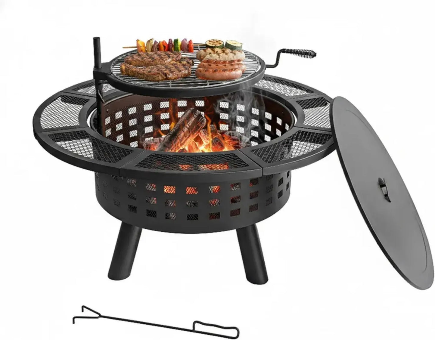 Brasero de Jardin Noir Ø 91,5 cm avec Couvercle et Tisonnier, Réglable, 73 x 91,5 x 91,5 cm