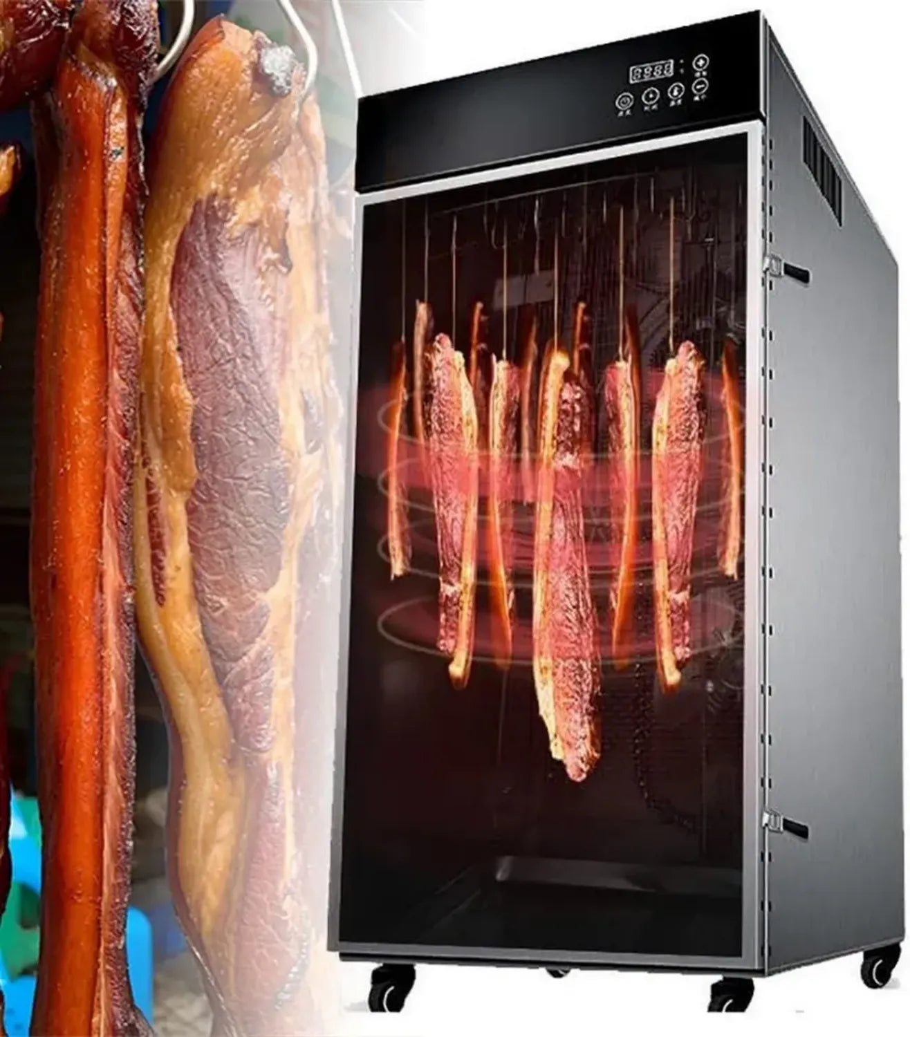 Déshydrateur rotatif en inox 360° pour viande et saucisses, minuterie numérique 24h