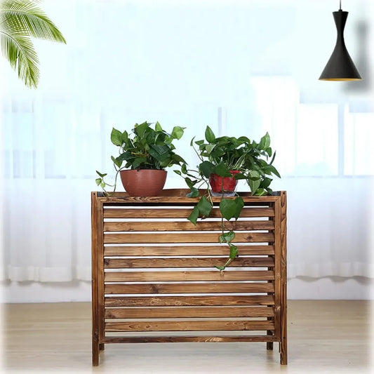 Cache de climatiseur extérieur en bois brun avec étagère pour plantes et protection antivol et anti-poussière (110 x 50 x 85 cm)
