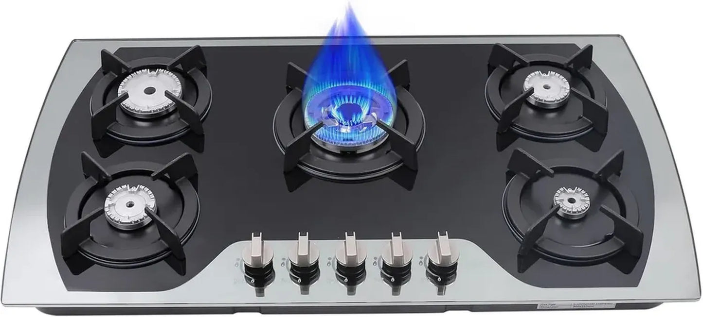 Plaque de cuisson à gaz 5 foyers GPL - Idéale pour cuisine domestique et professionnelle, noire - Dimensions 90 x 51 cm